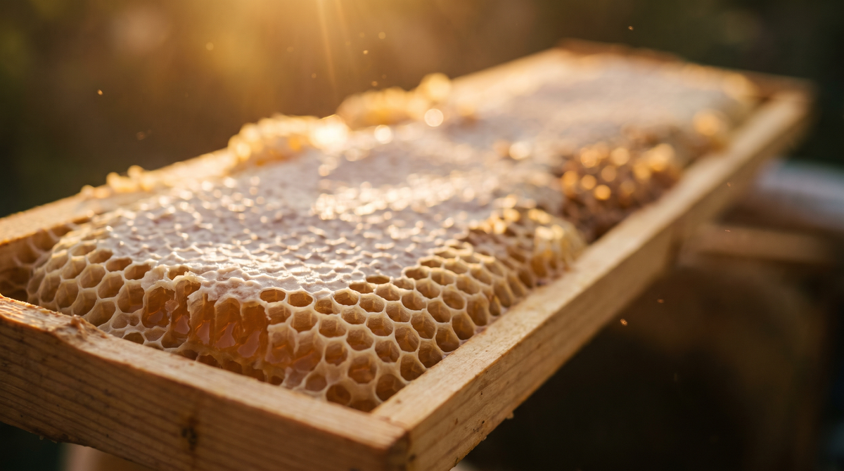 A wooden hive frame of wax-capped honeycomb, backlit by golden sunlight