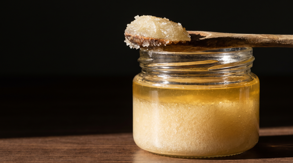 Honey mid-crystallisation in a glass jar, granular below and still liquid above