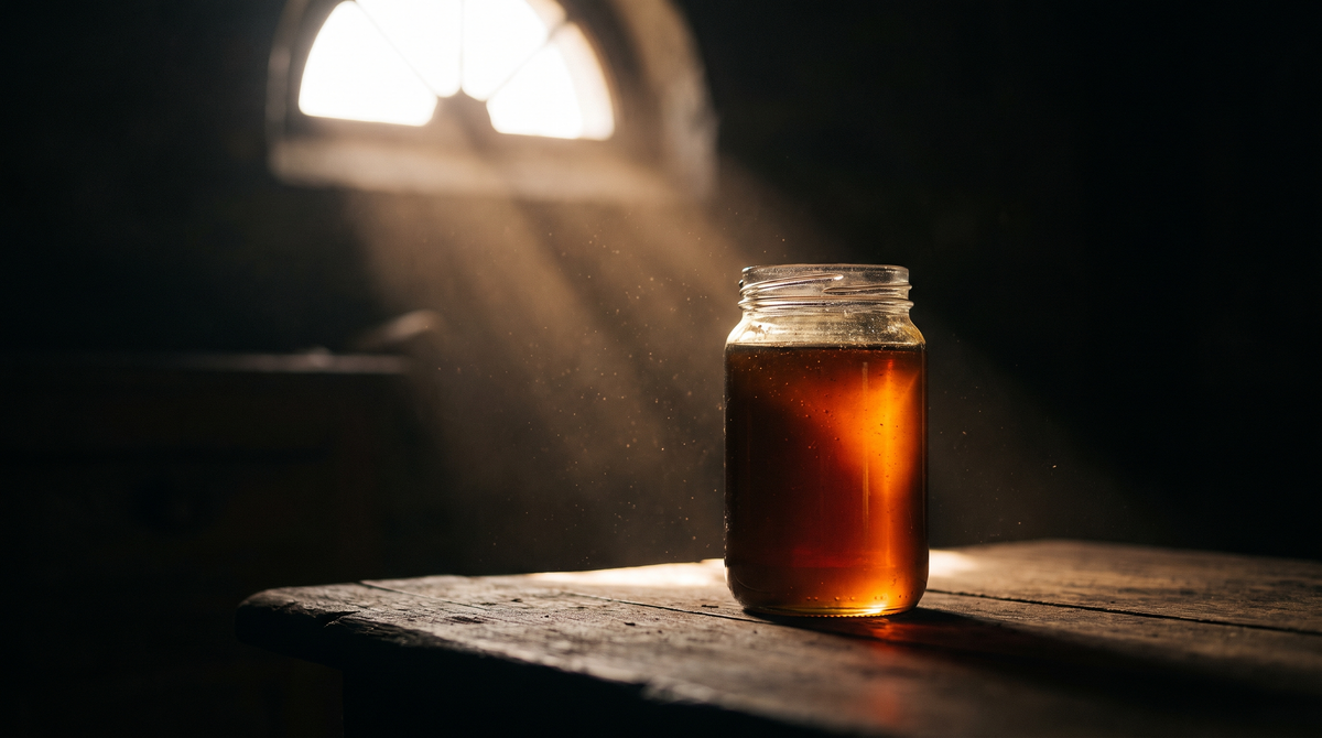 A glass jar of dark honey on walnut, lit by a single shaft of light
