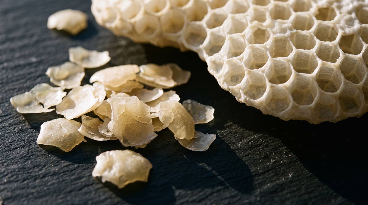 Natural beeswax scales and a fragment of white honeycomb on dark slate