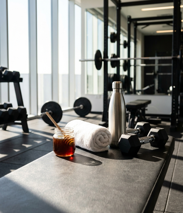 A jar of honey and a wooden spoon on a workout bench, with a towel, a water bottle and dumbbells beside them