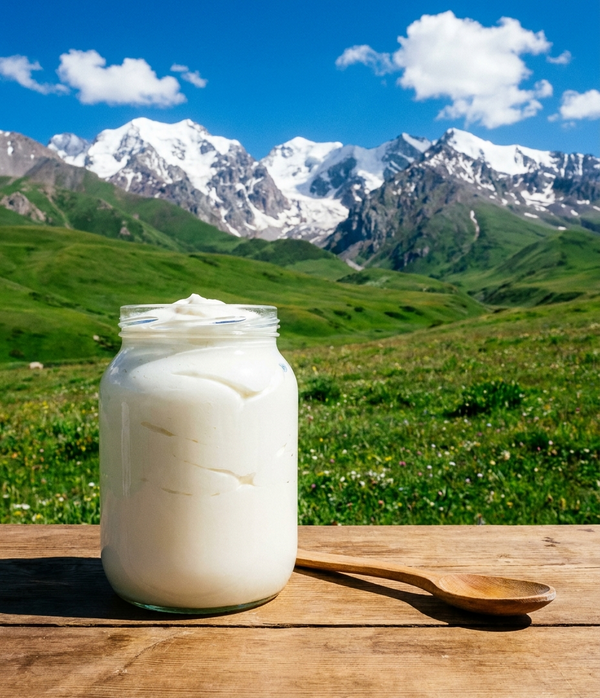 A large jar of creamy white honey on a wooden table, with green meadows and the snow-capped Tian Shan mountains of Kyrgyzstan behind it